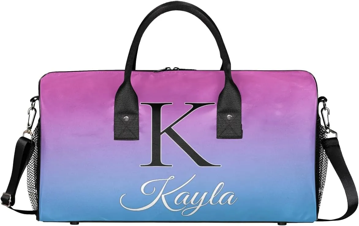Custom Name Sport Duffel Bag, Personalized Initial Small Gym Bag, Lightweight Travel Duffle Bag Carry On Weekender Bag, Blue Purple