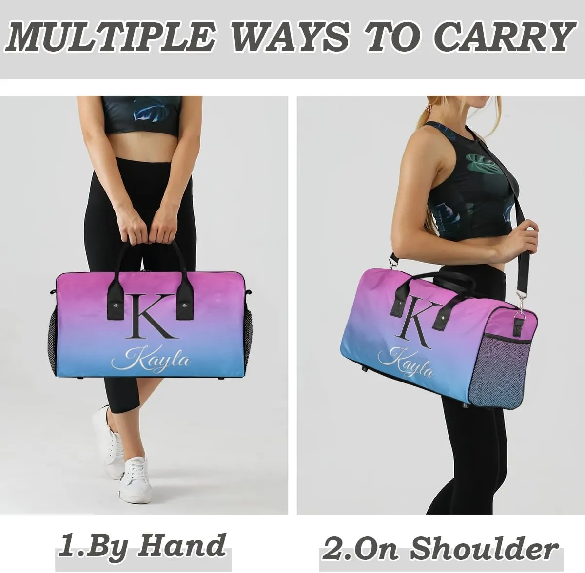 Custom Name Sport Duffel Bag, Personalized Initial Small Gym Bag, Lightweight Travel Duffle Bag Carry On Weekender Bag, Blue Purple