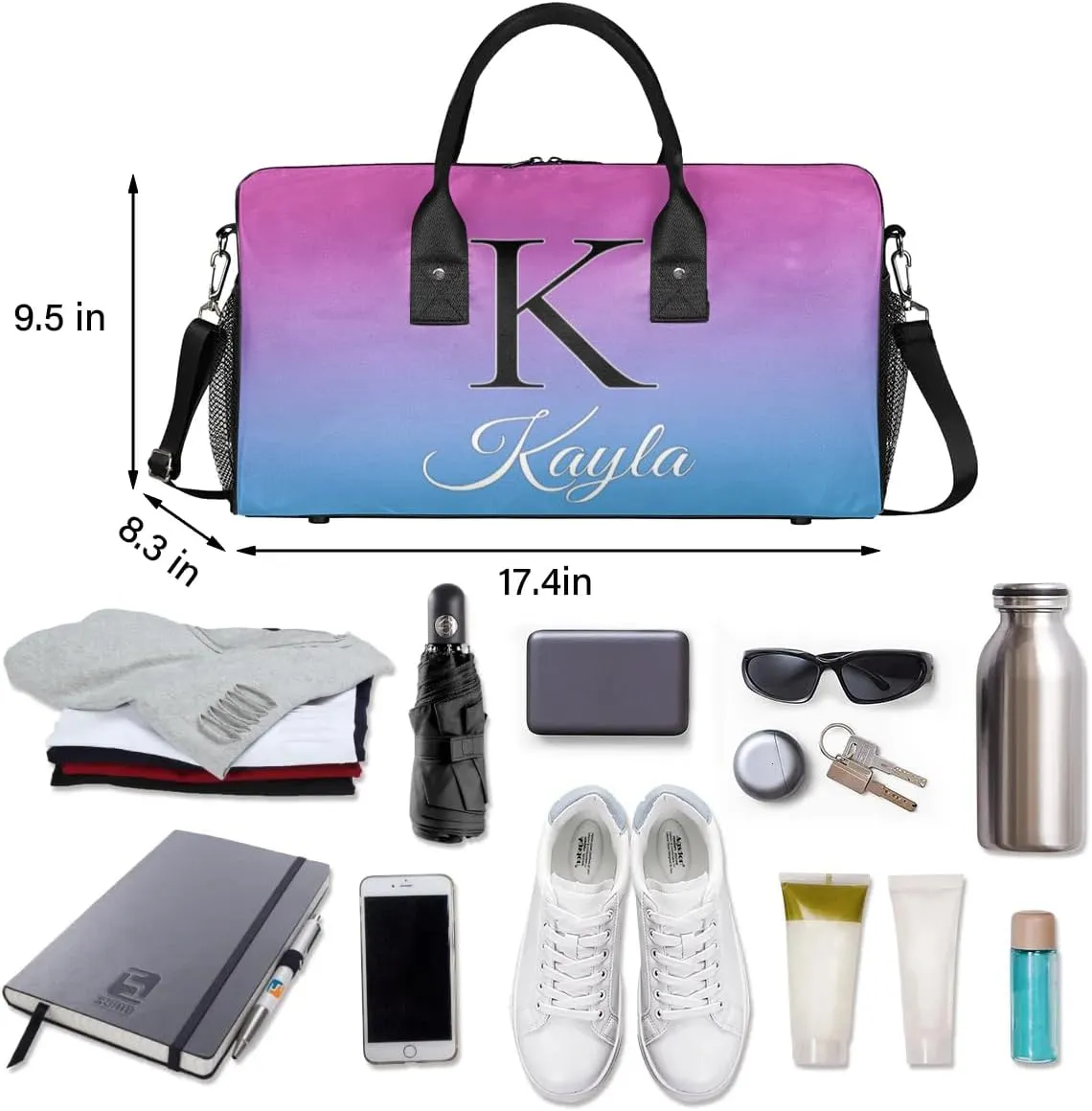 Custom Name Sport Duffel Bag, Personalized Initial Small Gym Bag, Lightweight Travel Duffle Bag Carry On Weekender Bag, Blue Purple