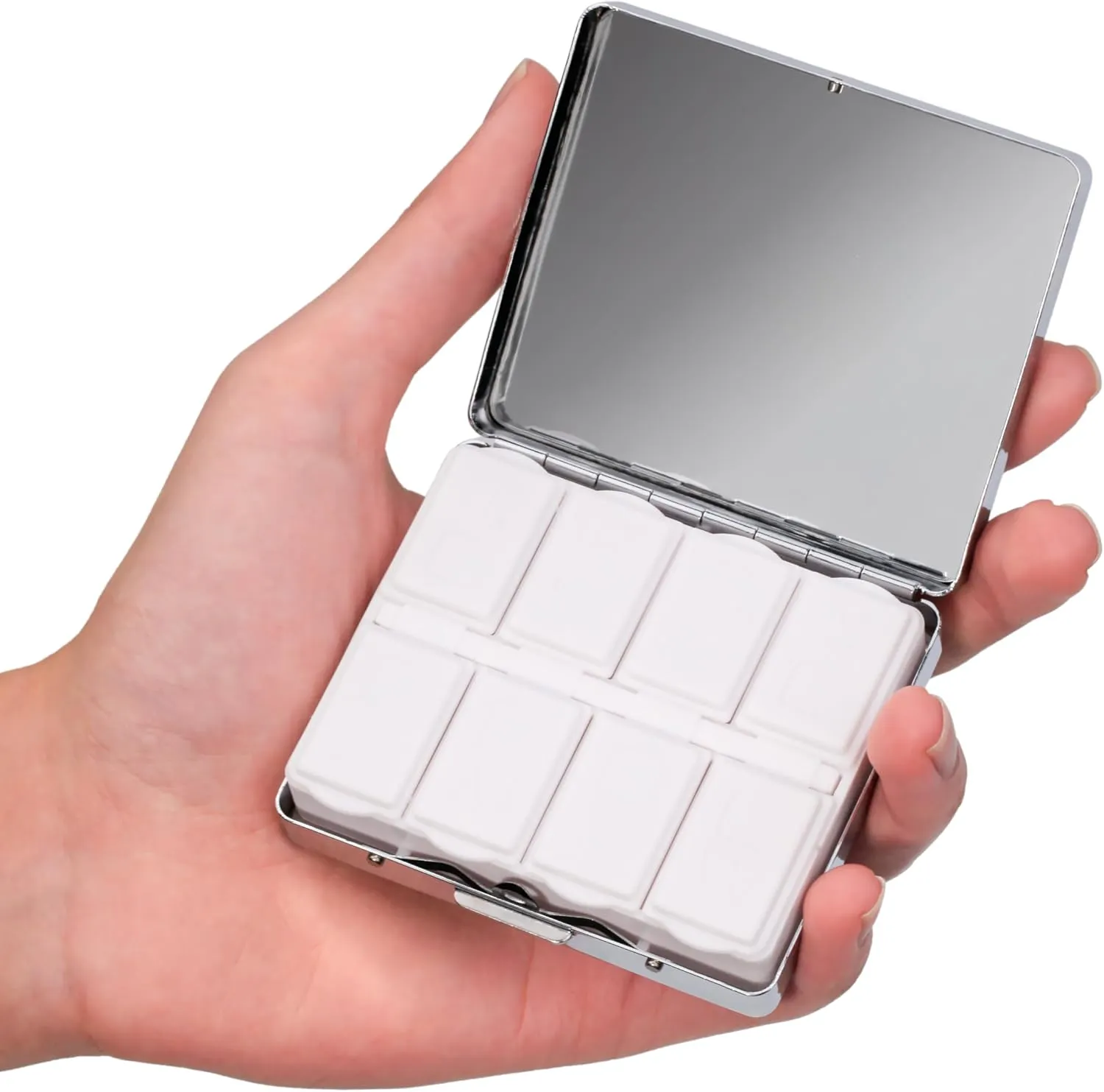 Cute 7 Day Travel Pill Organizer with Mirror Shiny Silver Chromed 8 Compartment Pill Box for Vitamins and Medications Compact and Stylish Medicine Case (Praise God)