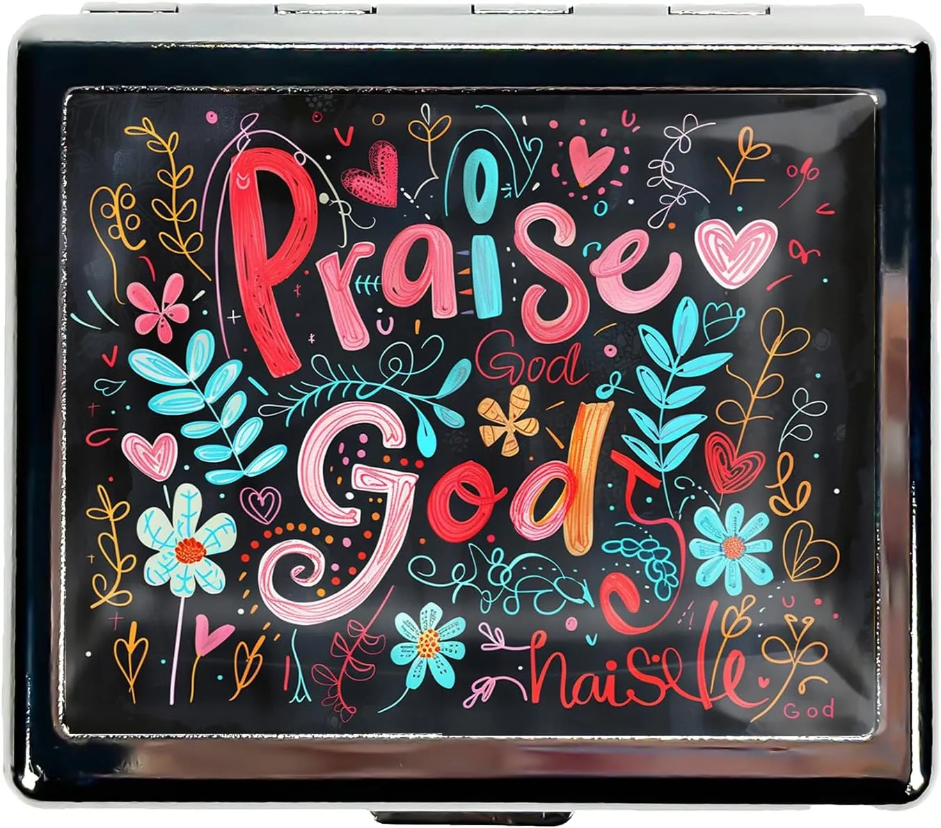 Cute 7 Day Travel Pill Organizer with Mirror Shiny Silver Chromed 8 Compartment Pill Box for Vitamins and Medications Compact and Stylish Medicine Case (Praise God)