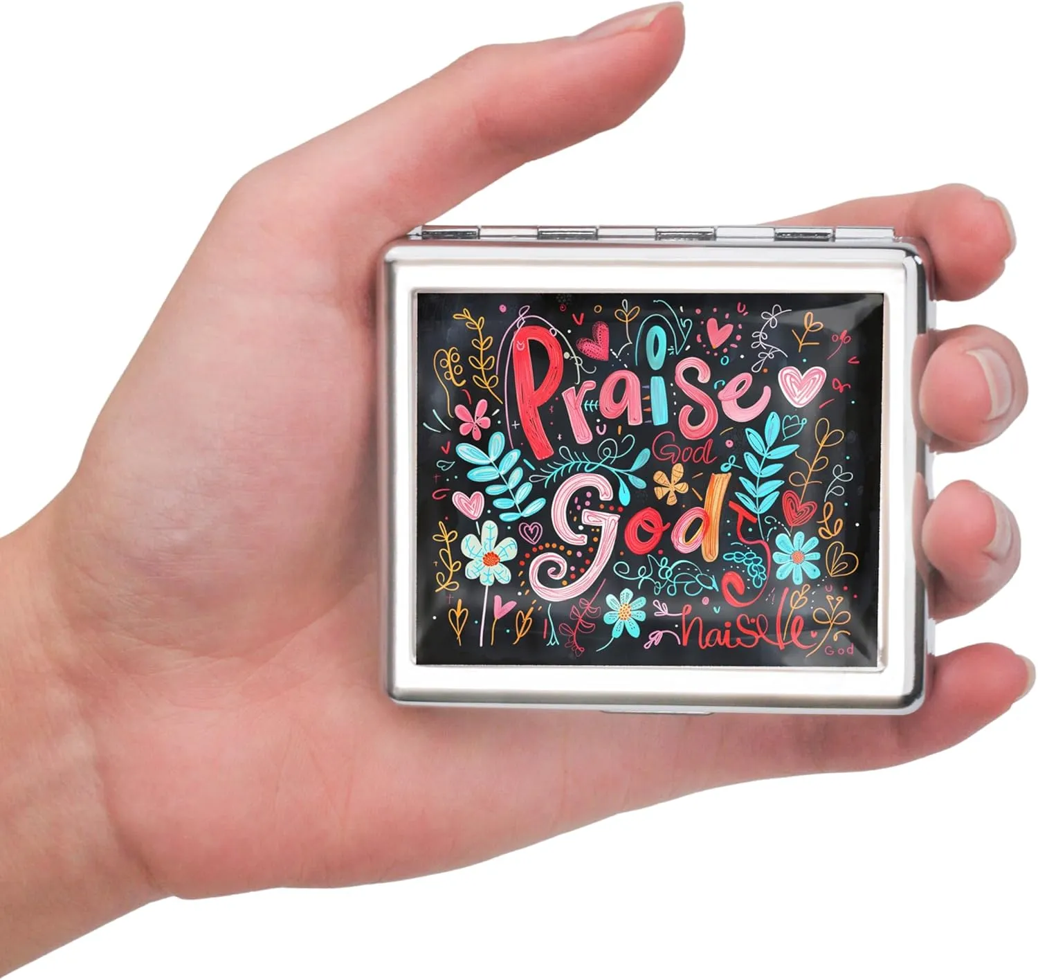 Cute 7 Day Travel Pill Organizer with Mirror Shiny Silver Chromed 8 Compartment Pill Box for Vitamins and Medications Compact and Stylish Medicine Case (Praise God)