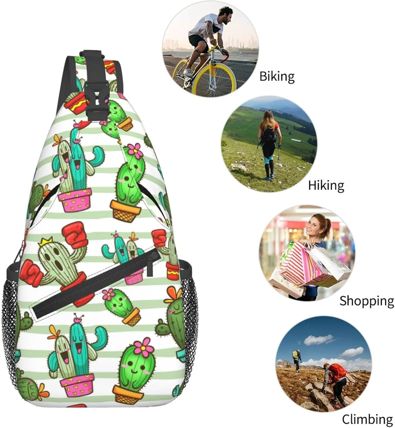 Cute Cartoon Succulent Cactus Sling Backpack Crossbody Bag, Chest Bag Daypack for Outdoors Hiking Traveling