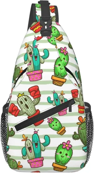 Cute Cartoon Succulent Cactus Sling Backpack Crossbody Bag, Chest Bag Daypack for Outdoors Hiking Traveling