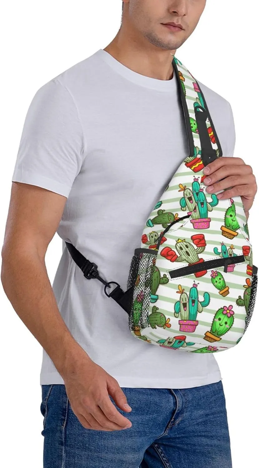 Cute Cartoon Succulent Cactus Sling Backpack Crossbody Bag, Chest Bag Daypack for Outdoors Hiking Traveling