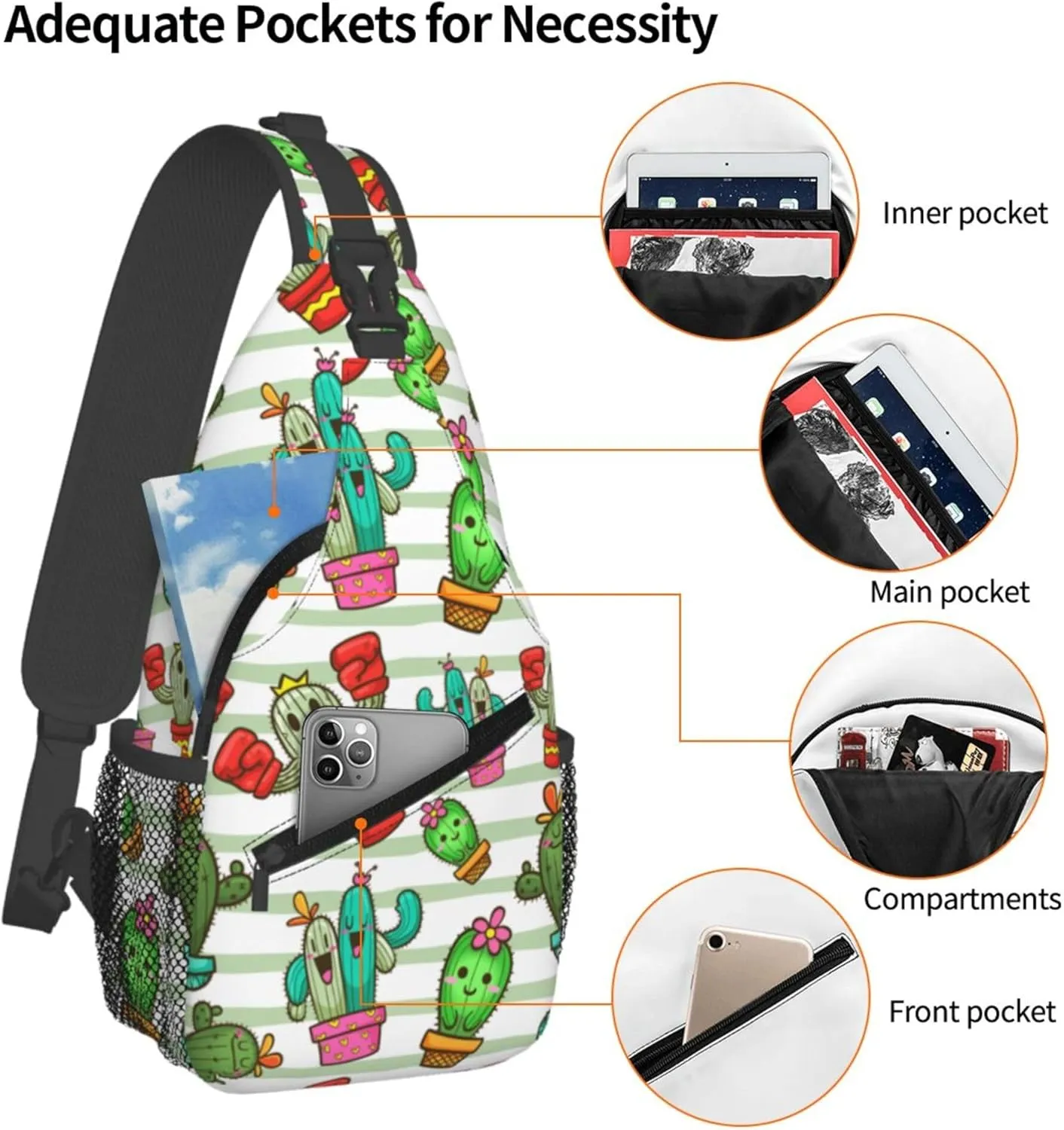 Cute Cartoon Succulent Cactus Sling Backpack Crossbody Bag, Chest Bag Daypack for Outdoors Hiking Traveling