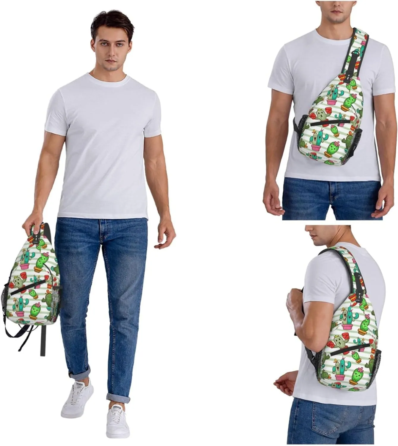 Cute Cartoon Succulent Cactus Sling Backpack Crossbody Bag, Chest Bag Daypack for Outdoors Hiking Traveling