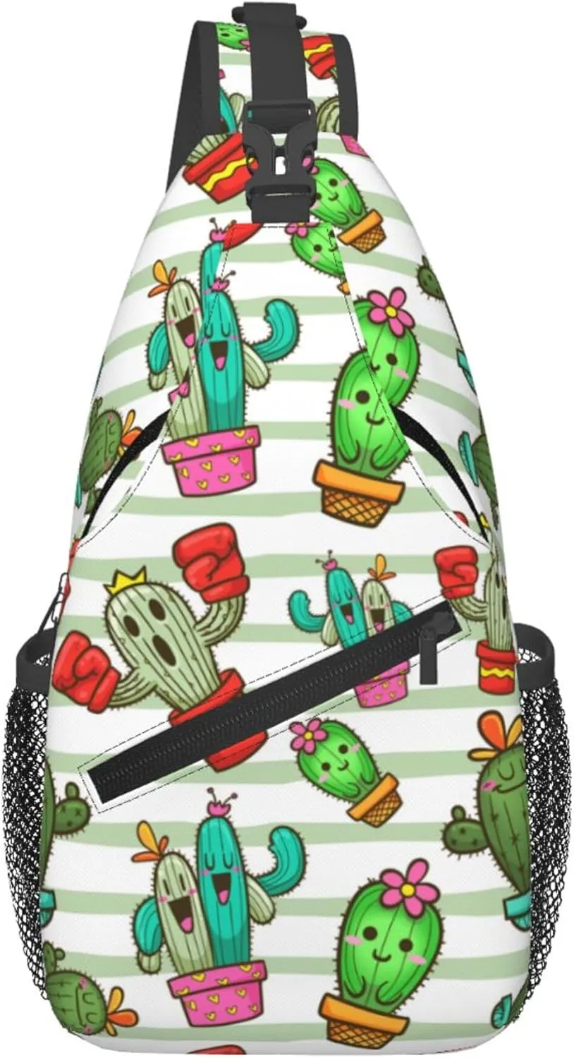 Cute Cartoon Succulent Cactus Sling Backpack Crossbody Bag, Chest Bag Daypack for Outdoors Hiking Traveling