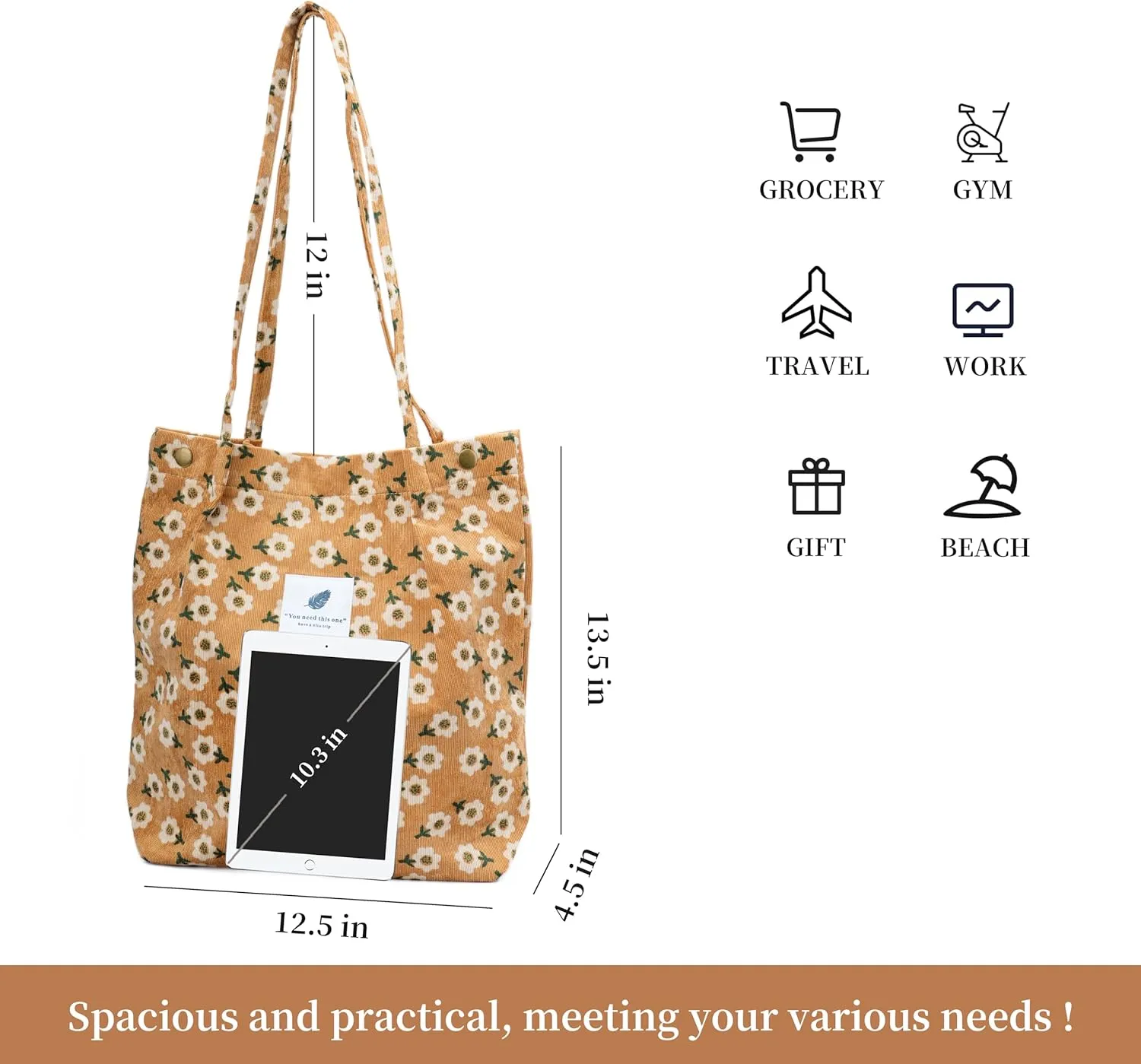 Cute Corduroy Tote Bag Canvas Shoulder Handbags for Women Travel Shopping