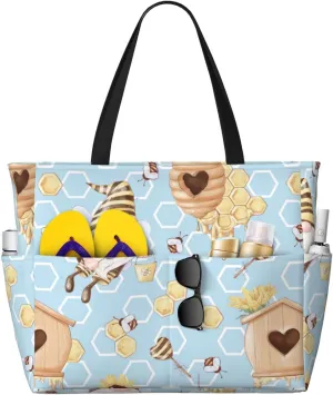 Cute Gnome Bee Collects Honey Large Beach Tote Bag for Women Extra Large Capacity Waterproof Sandproof Pool Bag Suitable for Gym Swimming Pool Travel Groceries