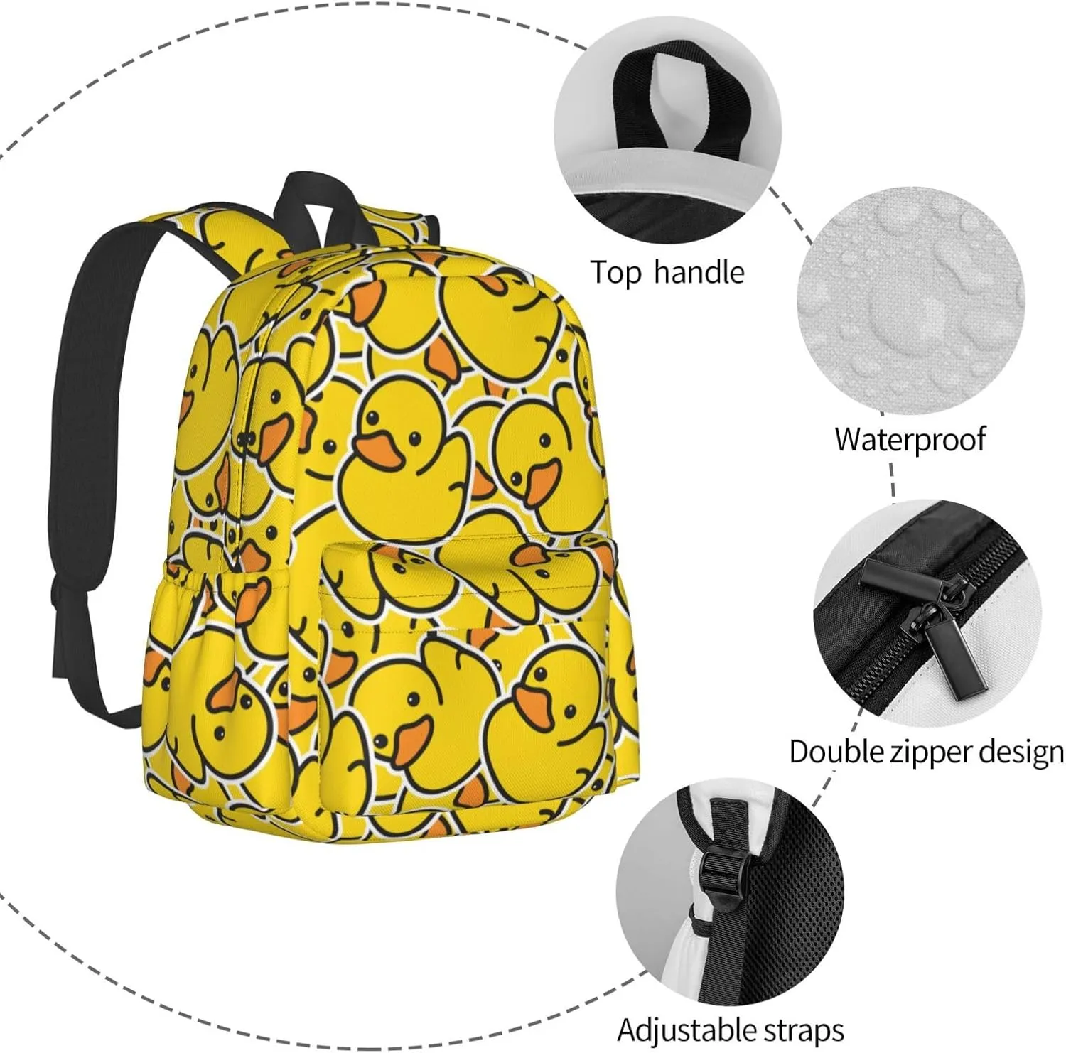 Cute Rubber Ducky Laptop Backpack For Men Women, Yellow Cartoon Ducks Lightweight Daypack Bookbag For Daily Commutes Business Travel Hiking