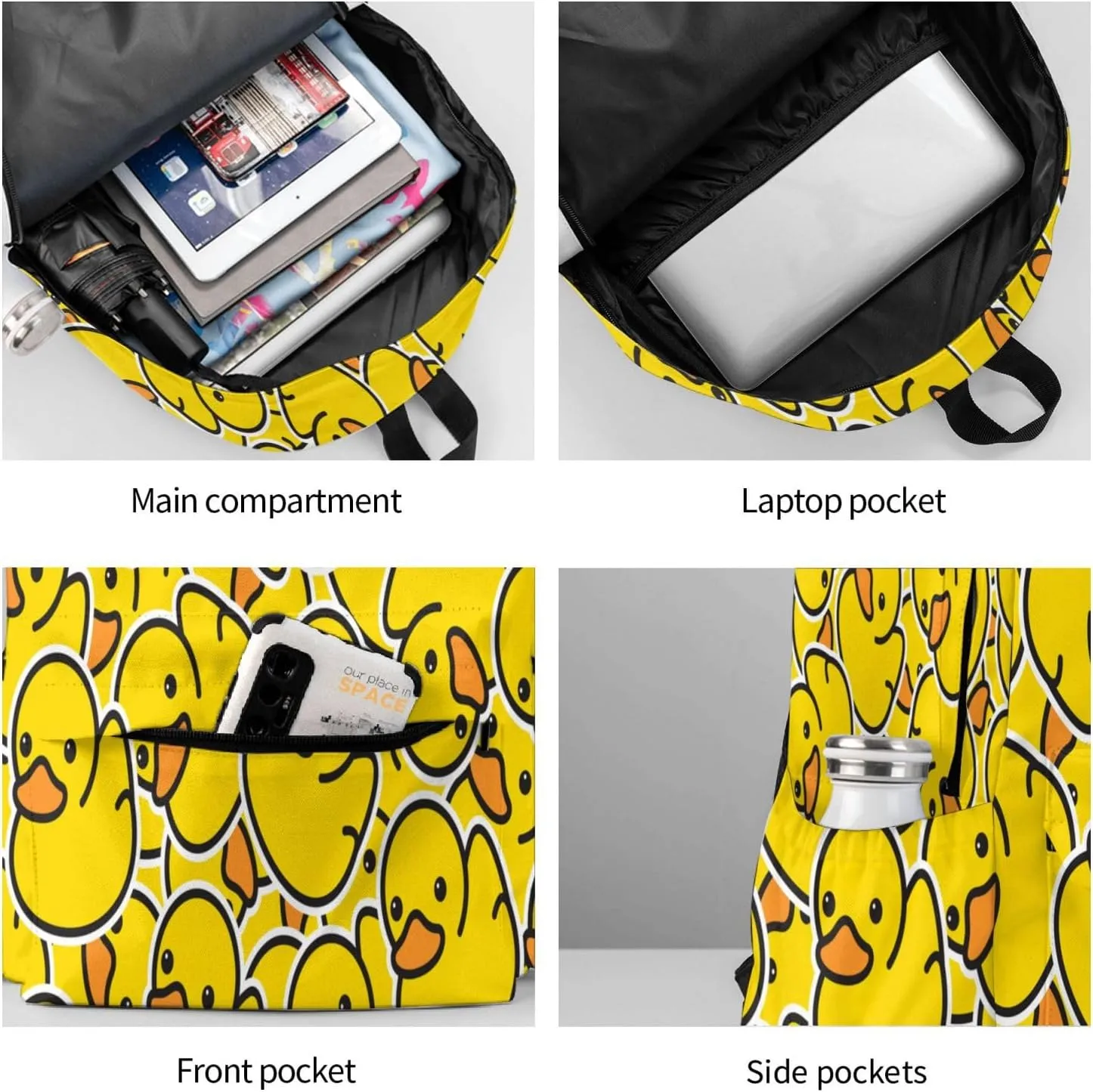 Cute Rubber Ducky Laptop Backpack For Men Women, Yellow Cartoon Ducks Lightweight Daypack Bookbag For Daily Commutes Business Travel Hiking