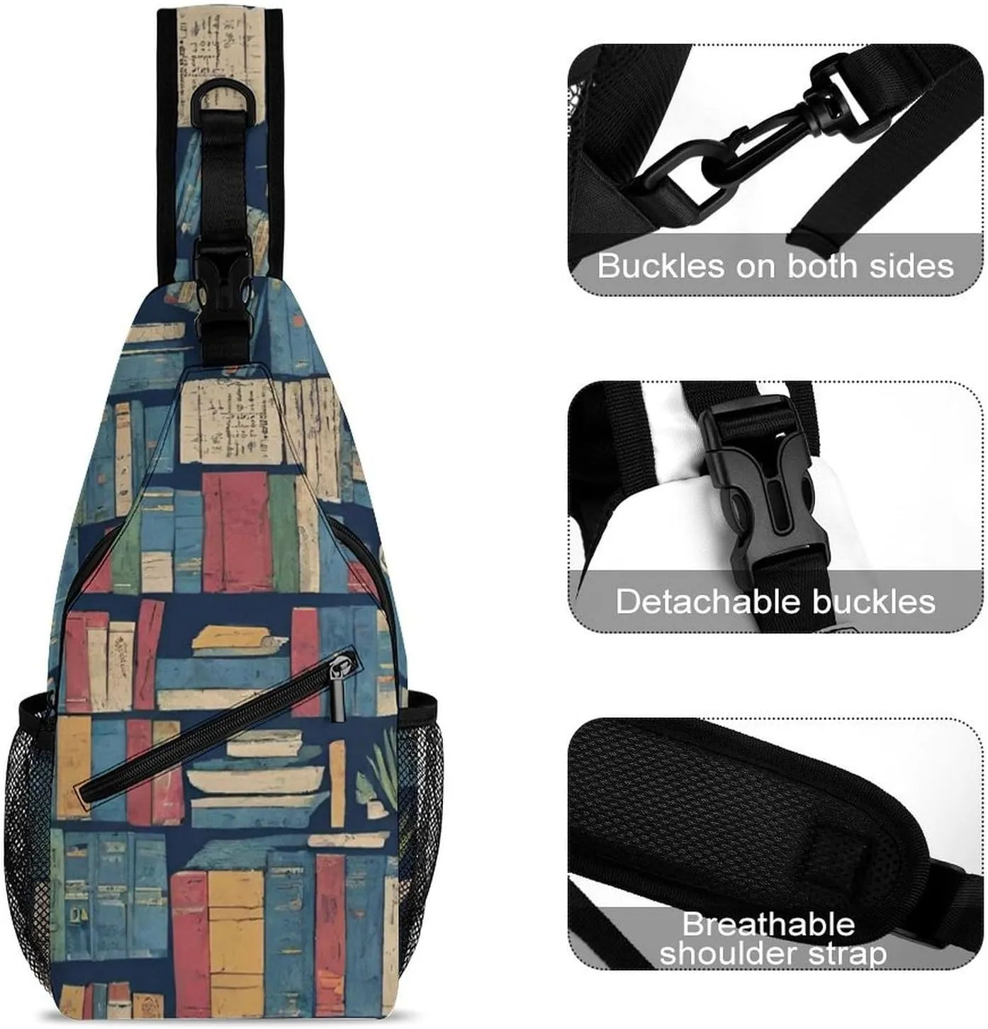 Cute Sling Bag Backpack, Backpacking, Book Bookshelf Art Crossbody Rucksack, Camera Case, Gym Crossbody Sack Satchel Outdoor Hiking Bag for Men Women