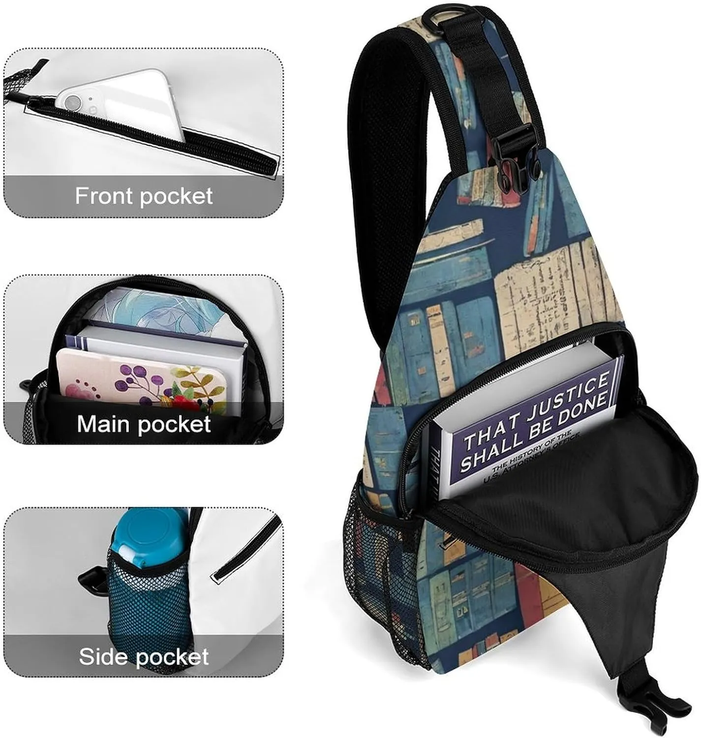 Cute Sling Bag Backpack, Backpacking, Book Bookshelf Art Crossbody Rucksack, Camera Case, Gym Crossbody Sack Satchel Outdoor Hiking Bag for Men Women