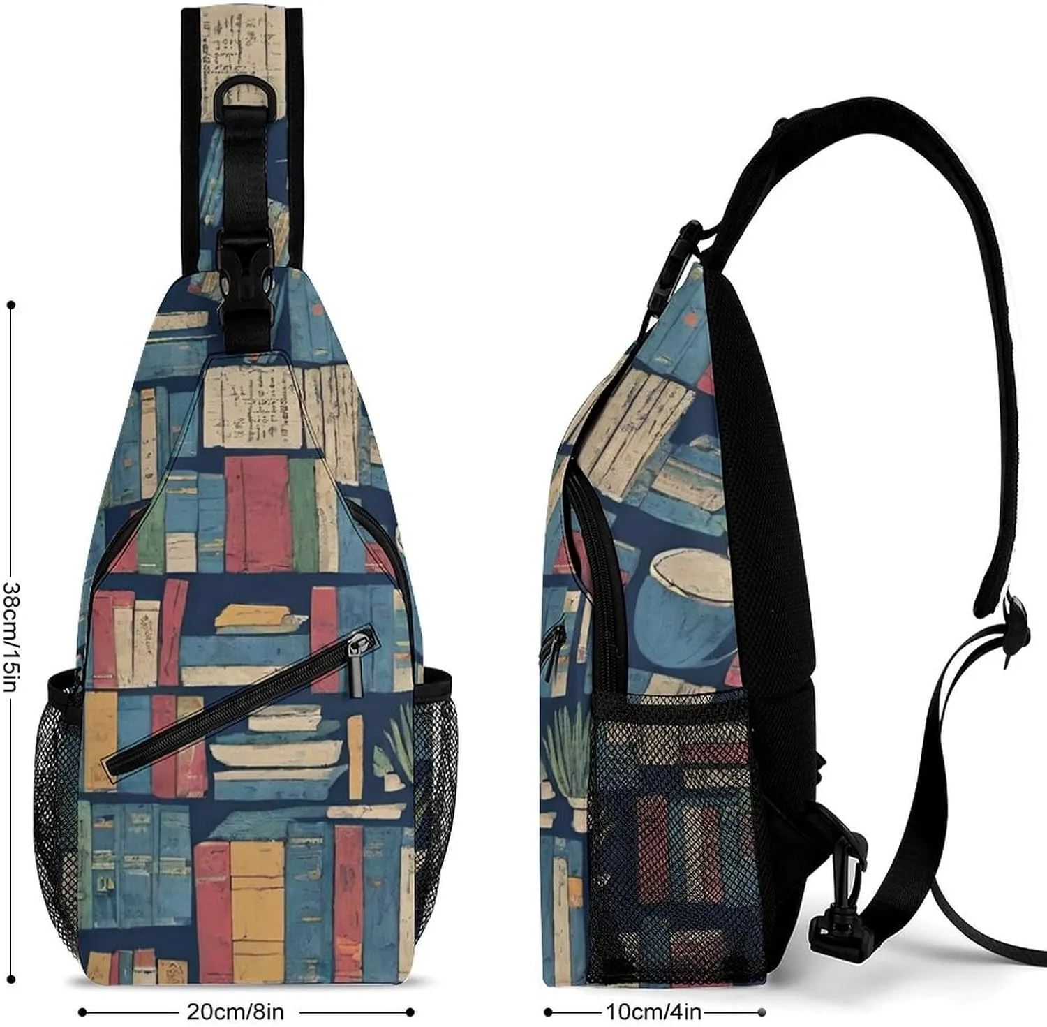 Cute Sling Bag Backpack, Backpacking, Book Bookshelf Art Crossbody Rucksack, Camera Case, Gym Crossbody Sack Satchel Outdoor Hiking Bag for Men Women