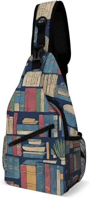 Cute Sling Bag Backpack, Backpacking, Book Bookshelf Art Crossbody Rucksack, Camera Case, Gym Crossbody Sack Satchel Outdoor Hiking Bag for Men Women