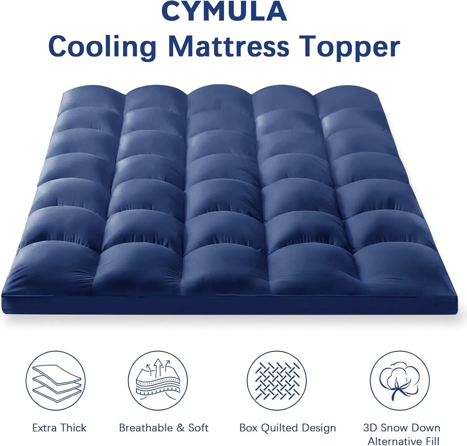 CYMULA Short Queen Mattress Topper, Cooling Bed Mattress Topper, Thick Mattress Pad Cover Pillow Top Mattress Topper, Navy Plush Down Alternative Fill