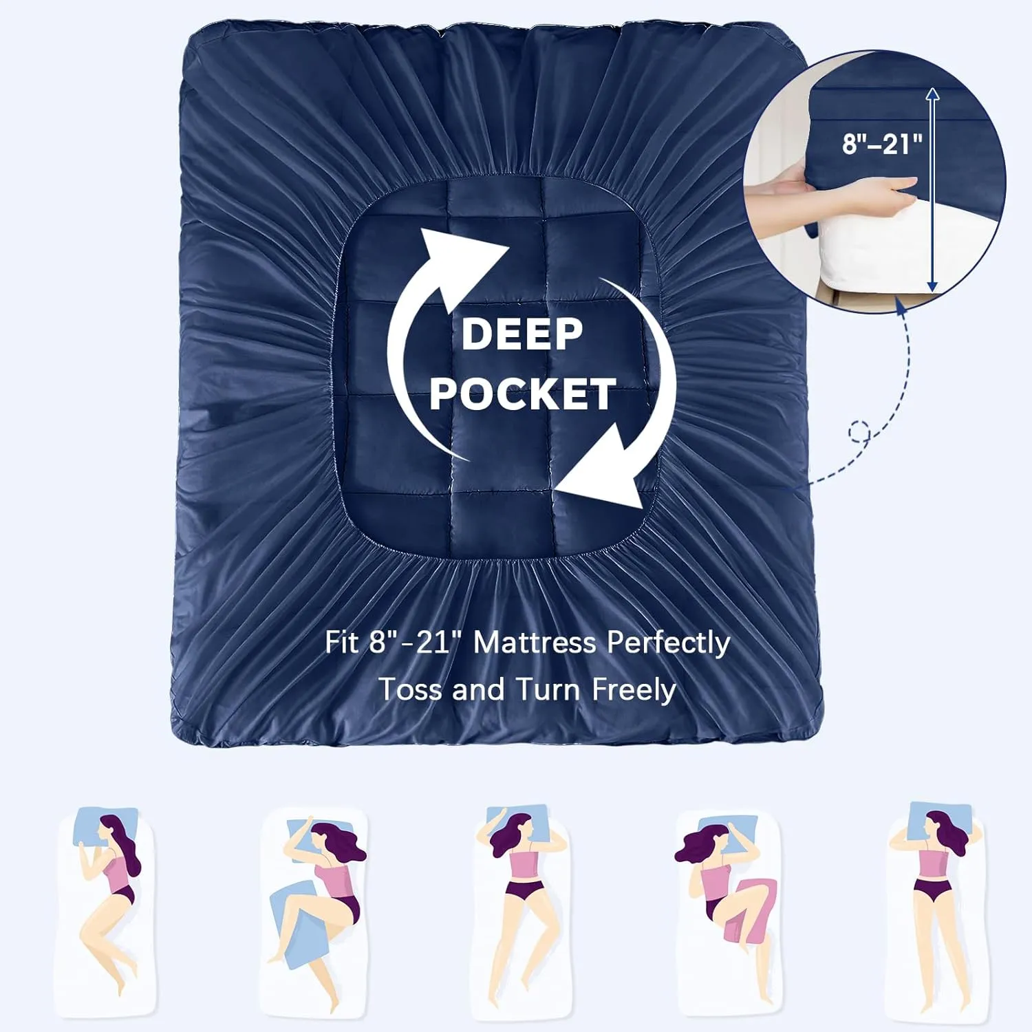 CYMULA Short Queen Mattress Topper, Cooling Bed Mattress Topper, Thick Mattress Pad Cover Pillow Top Mattress Topper, Navy Plush Down Alternative Fill