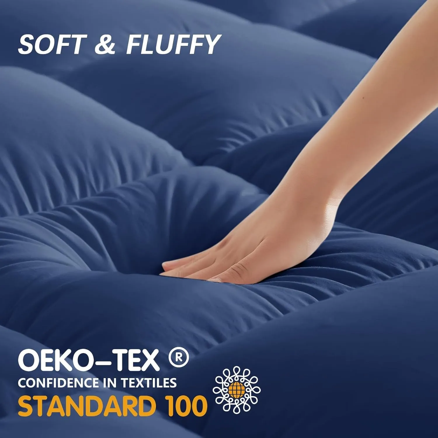 CYMULA Short Queen Mattress Topper, Cooling Bed Mattress Topper, Thick Mattress Pad Cover Pillow Top Mattress Topper, Navy Plush Down Alternative Fill