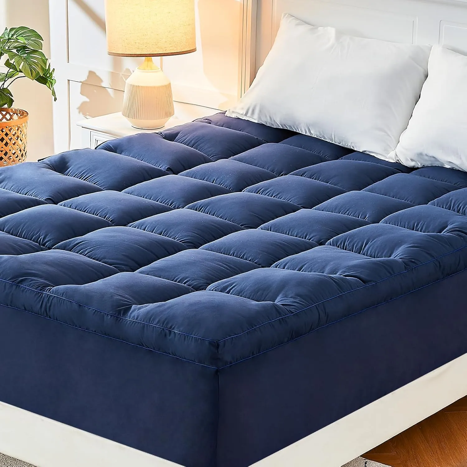 CYMULA Short Queen Mattress Topper, Cooling Bed Mattress Topper, Thick Mattress Pad Cover Pillow Top Mattress Topper, Navy Plush Down Alternative Fill