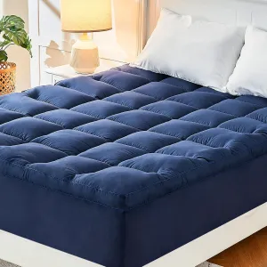 CYMULA Short Queen Mattress Topper, Cooling Bed Mattress Topper, Thick Mattress Pad Cover Pillow Top Mattress Topper, Navy Plush Down Alternative Fill