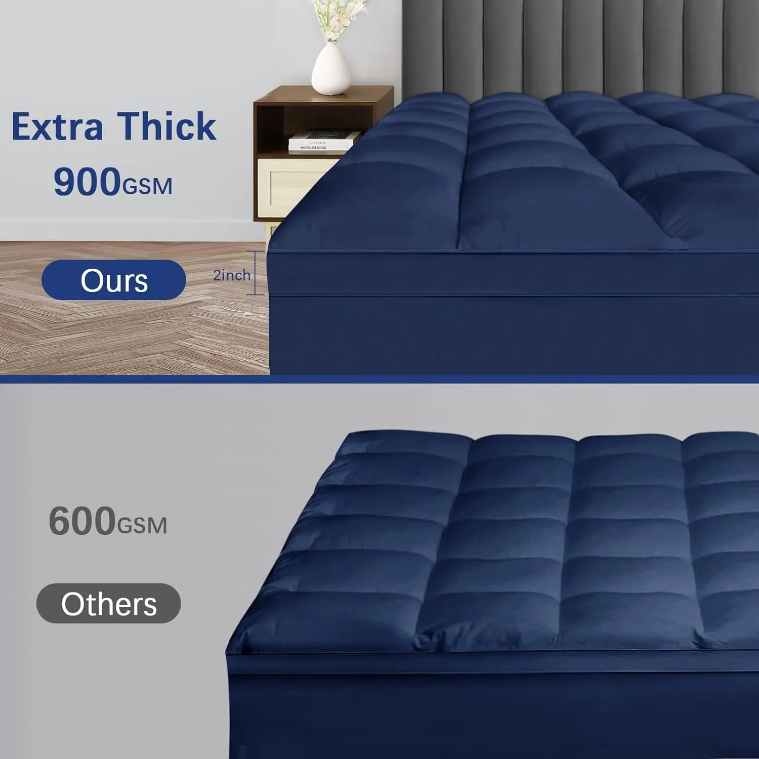 CYMULA Short Queen Mattress Topper, Cooling Bed Mattress Topper, Thick Mattress Pad Cover Pillow Top Mattress Topper, Navy Plush Down Alternative Fill