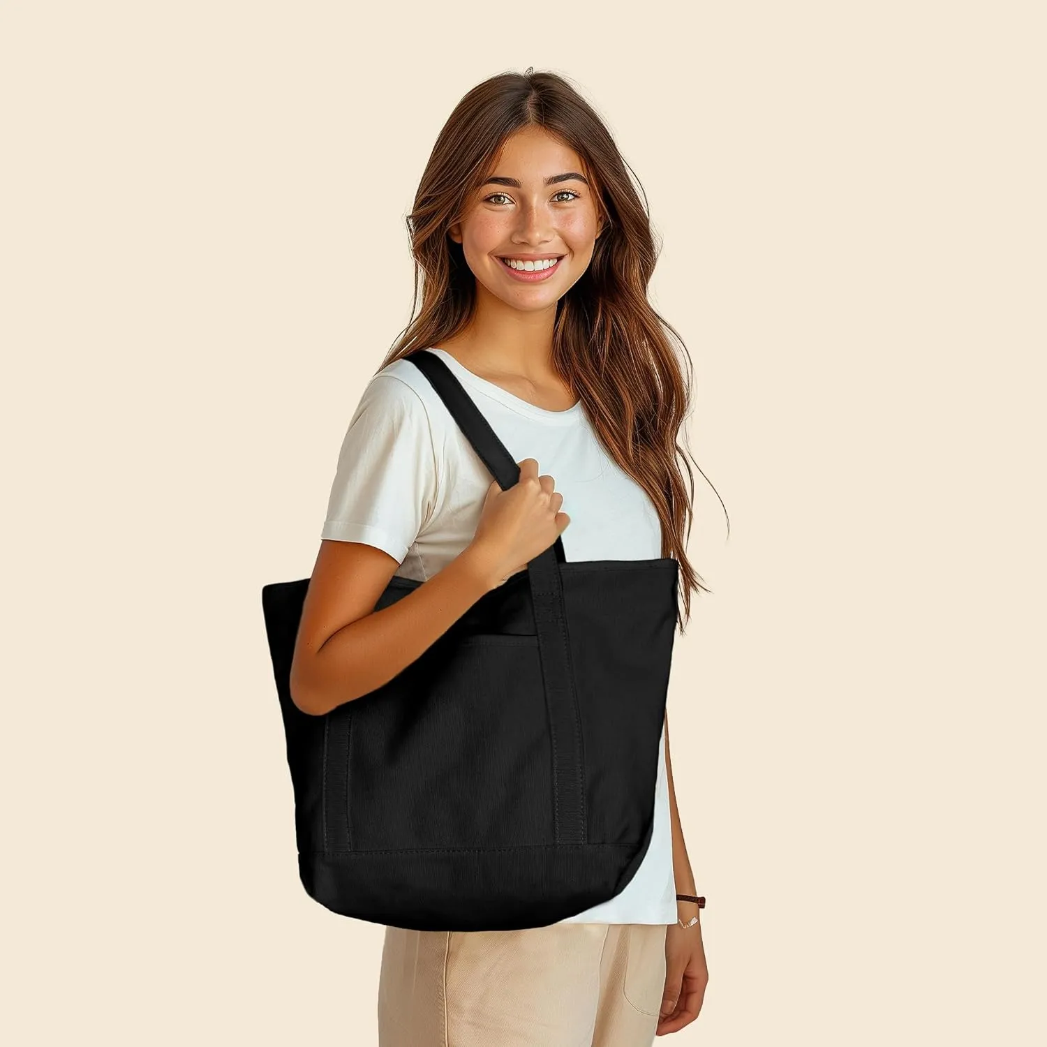 DALIX 20" Solid Color Cotton Canvas Shopping Tote Bag in Black
