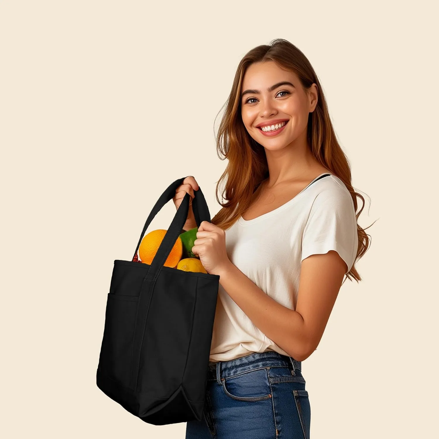 DALIX 20" Solid Color Cotton Canvas Shopping Tote Bag in Black
