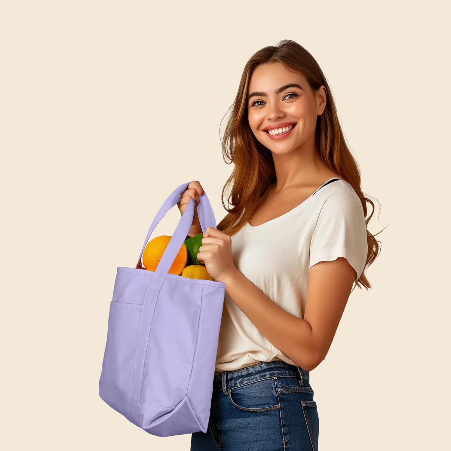 DALIX 20" Solid Color Cotton Canvas Shopping Tote Bag in Lavender