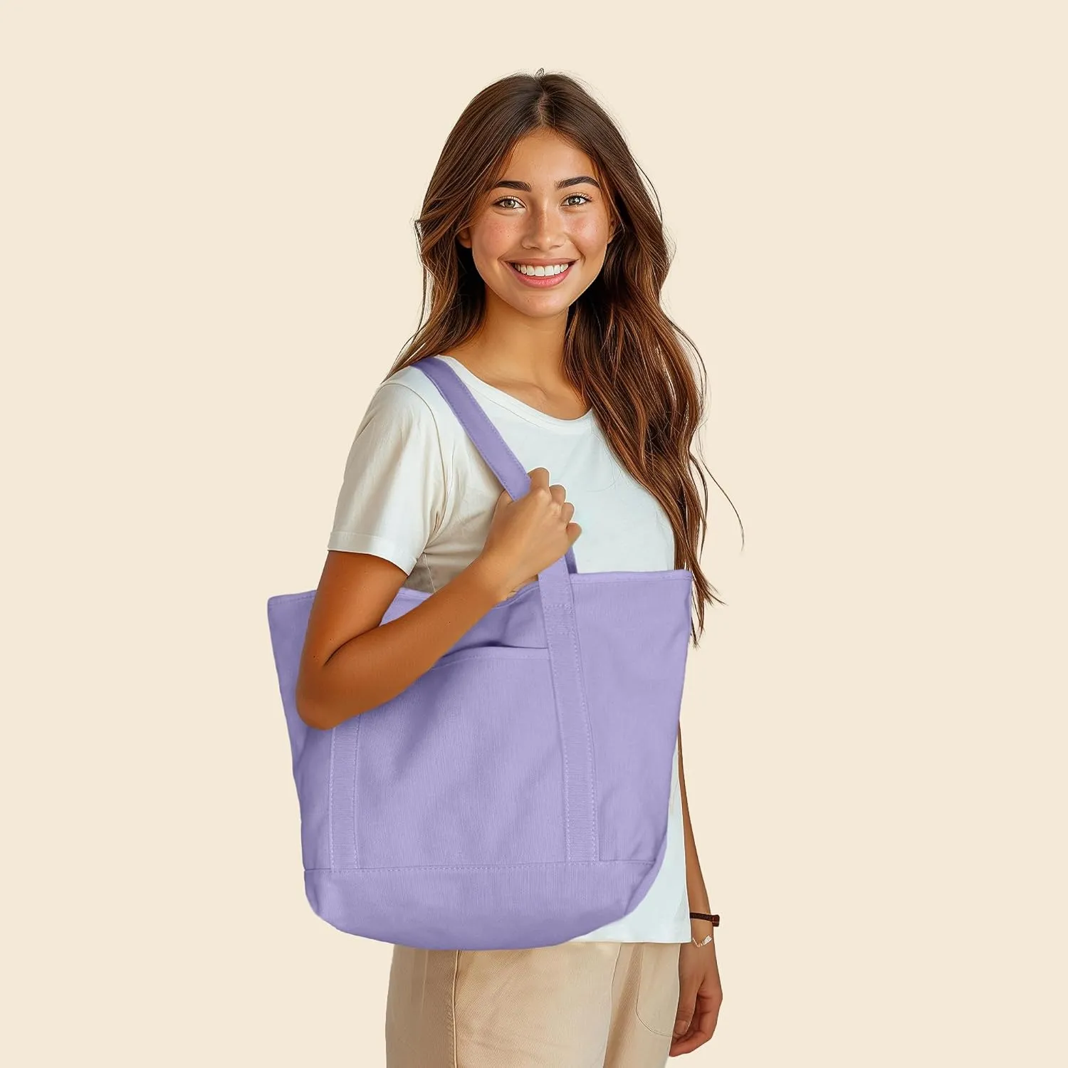 DALIX 20" Solid Color Cotton Canvas Shopping Tote Bag in Lavender