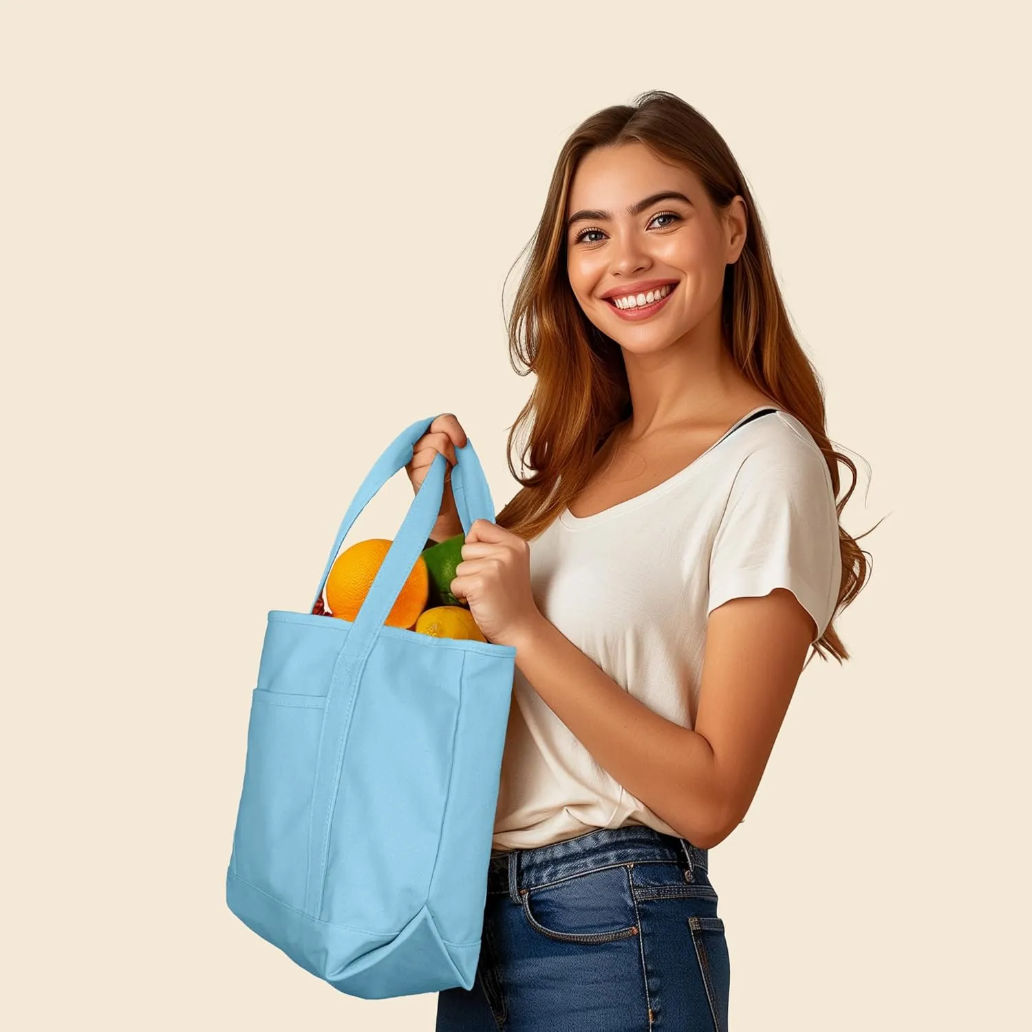 DALIX 20" Solid Color Cotton Canvas Shopping Tote Bag in Light Blue