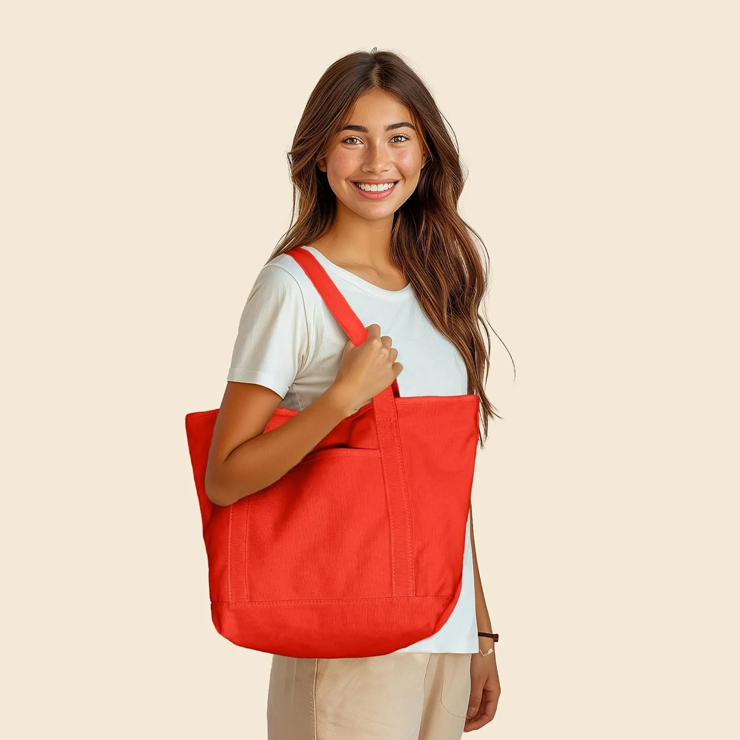 DALIX 20" Solid Color Cotton Canvas Shopping Tote Bag in Red
