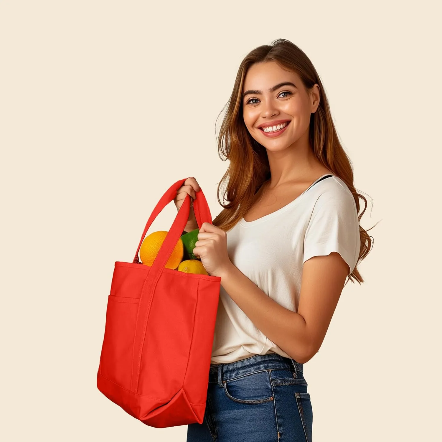 DALIX 20" Solid Color Cotton Canvas Shopping Tote Bag in Red