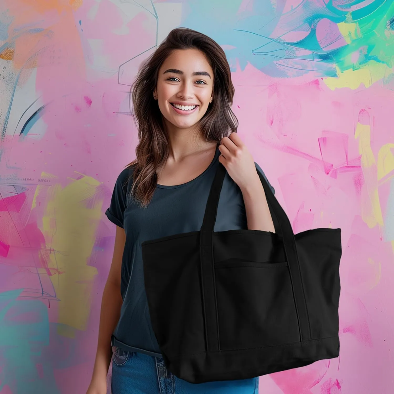 DALIX Womens 23" Deluxe 24 oz. Cotton Canvas Tote Bag Zippered in Black