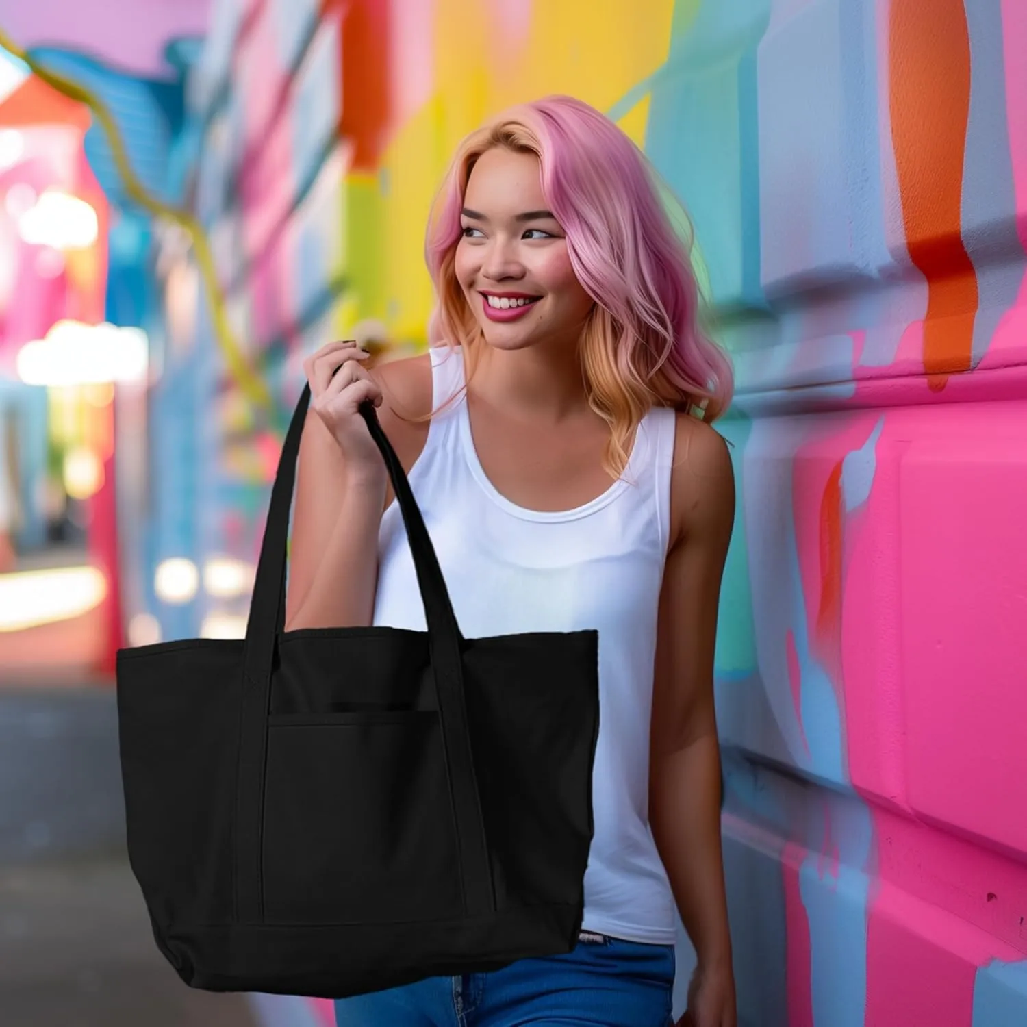 DALIX Womens 23" Deluxe 24 oz. Cotton Canvas Tote Bag Zippered in Black