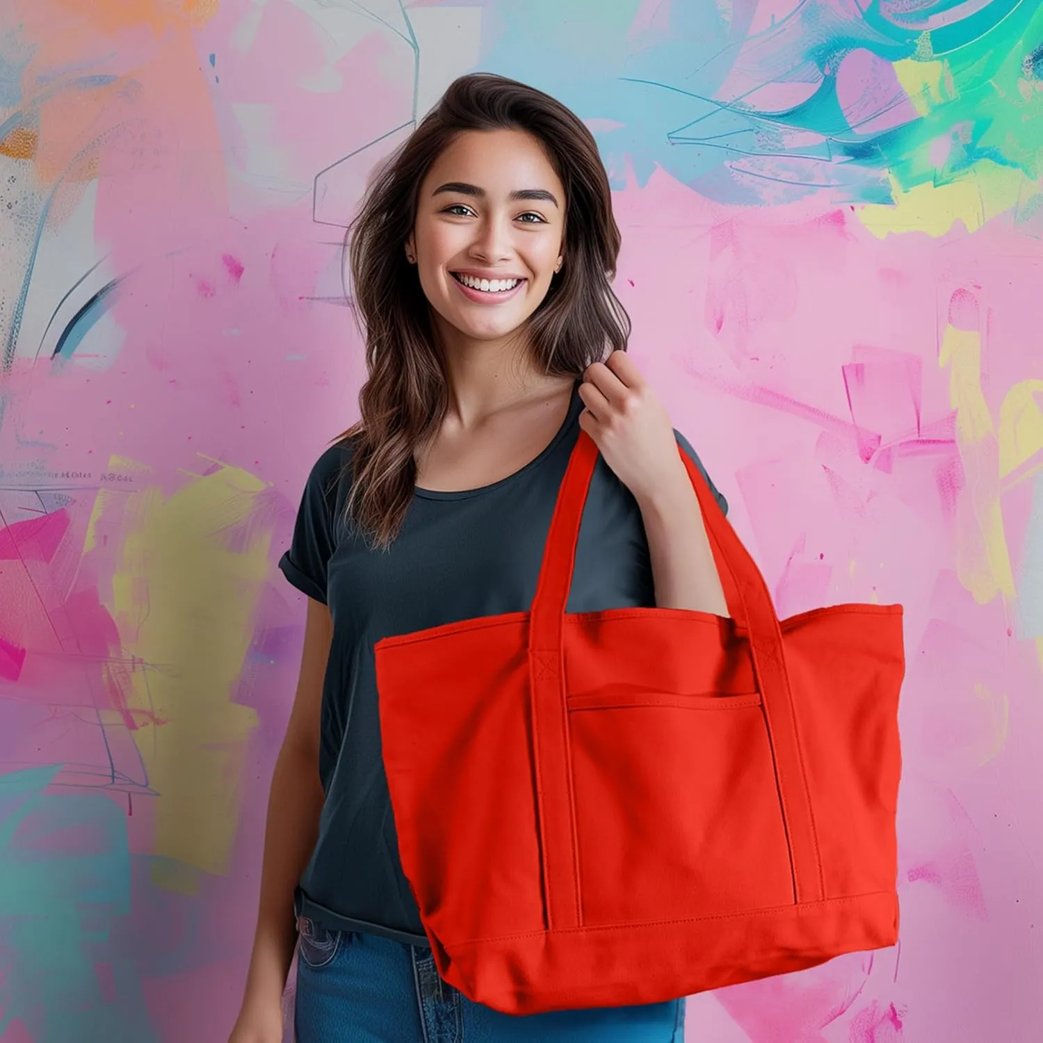 DALIX Womens 23" Deluxe 24 oz. Cotton Canvas Tote Bag Zippered in Red