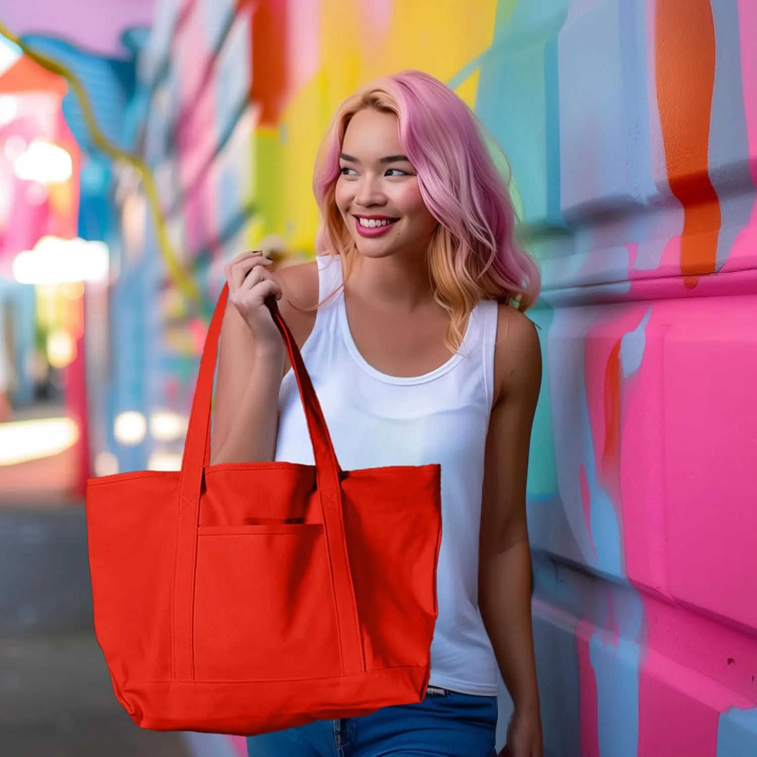 DALIX Womens 23" Deluxe 24 oz. Cotton Canvas Tote Bag Zippered in Red