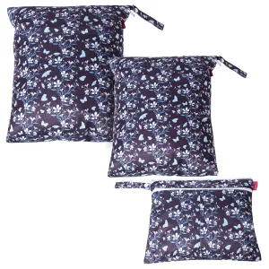 Damero 3Pcs Wet Dry Bag for Cloth Diaper, Swimsuit, Clothes, Ideal for Travel, Exercise, Daycare, Roomy and Water-Resistant(Butterflies and Flowers)