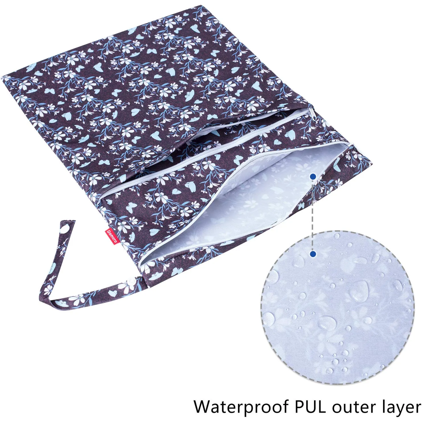 Damero 3Pcs Wet Dry Bag for Cloth Diaper, Swimsuit, Clothes, Ideal for Travel, Exercise, Daycare, Roomy and Water-Resistant(Butterflies and Flowers)