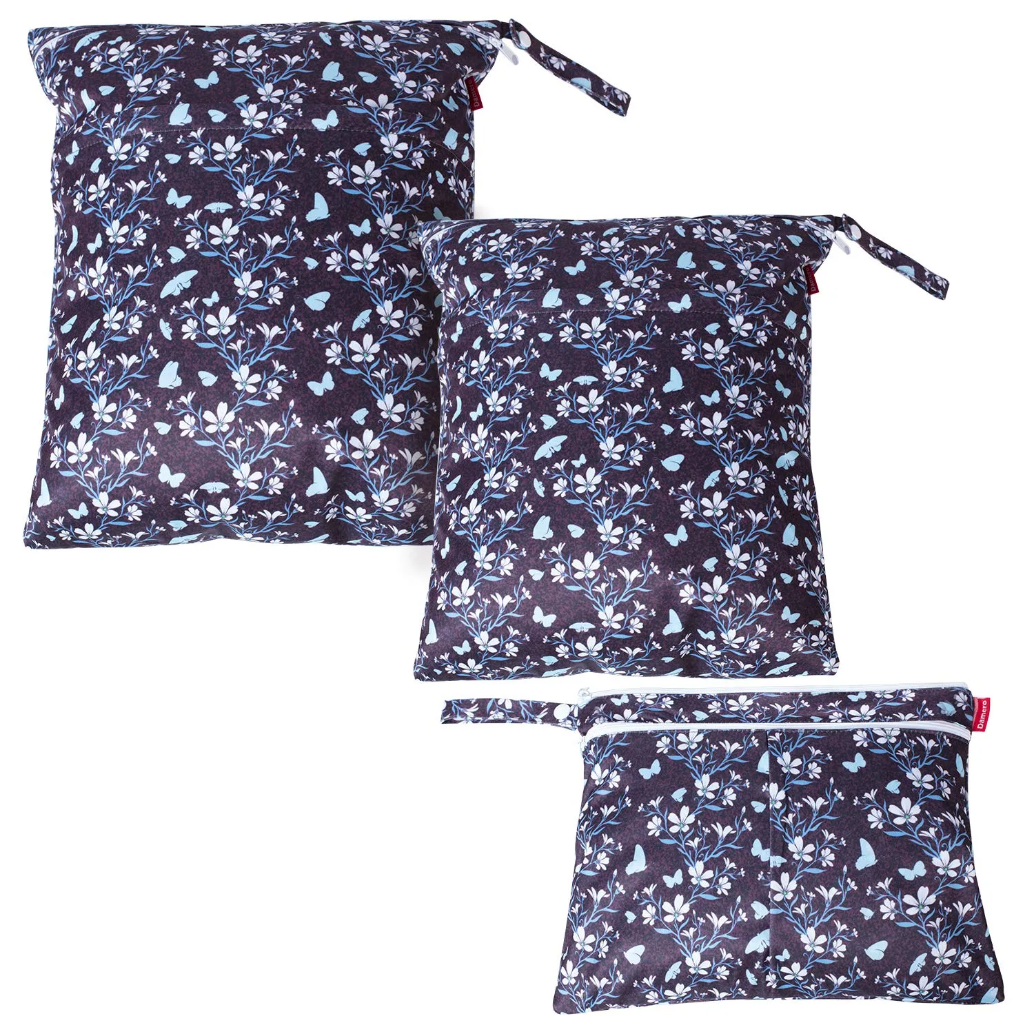Damero 3Pcs Wet Dry Bag for Cloth Diaper, Swimsuit, Clothes, Ideal for Travel, Exercise, Daycare, Roomy and Water-Resistant(Butterflies and Flowers)