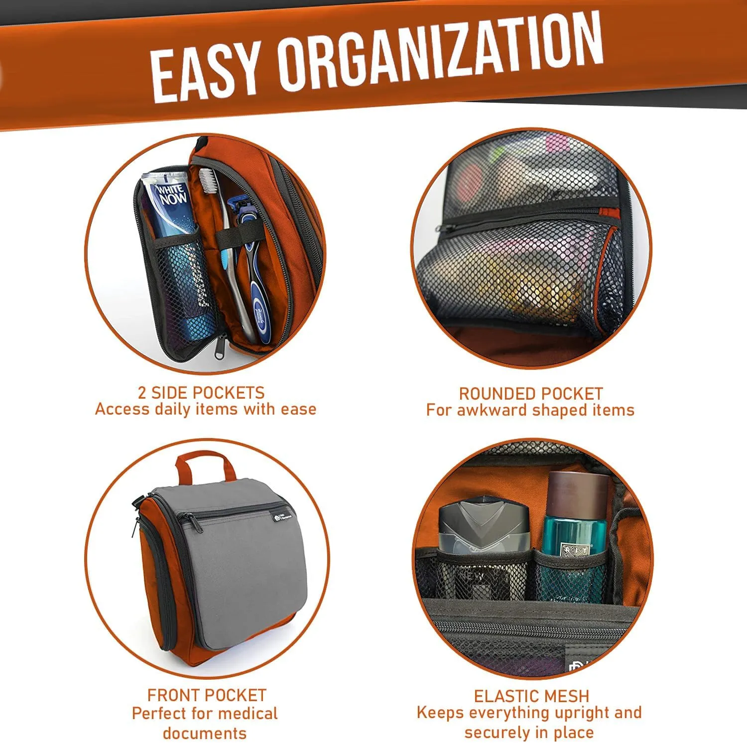 D&D Hanging Travel Toiletry Bag for Men and Women – Large Cosmetics, Makeup and Toiletries Organizer Kit with 10 Compartments, YKK Zippers, XXL Metal Swivel Hook, Water-Resistant Nylon