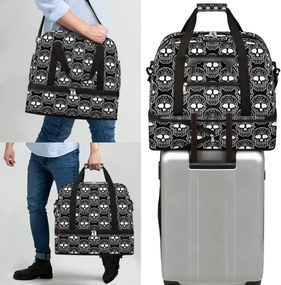 Day of the Dead Sugar Skull 02 Foldable Travel Duffel Bag Tote Carry On Luggage Sports Gym Bag With Shoe Compartment For Woman Man Overnight Weekend Yoga Workout Bag Training Handbag