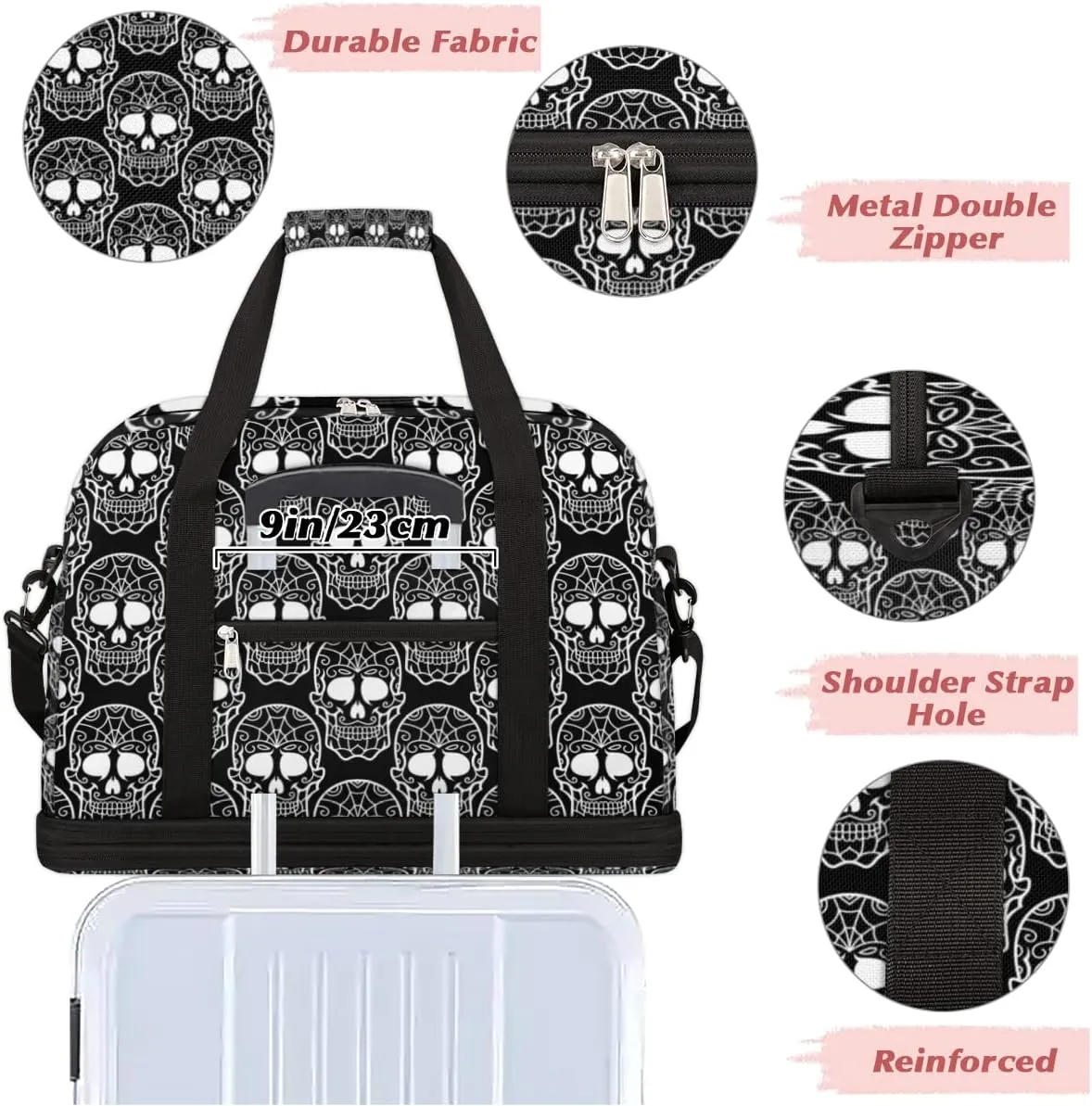 Day of the Dead Sugar Skull 02 Foldable Travel Duffel Bag Tote Carry On Luggage Sports Gym Bag With Shoe Compartment For Woman Man Overnight Weekend Yoga Workout Bag Training Handbag