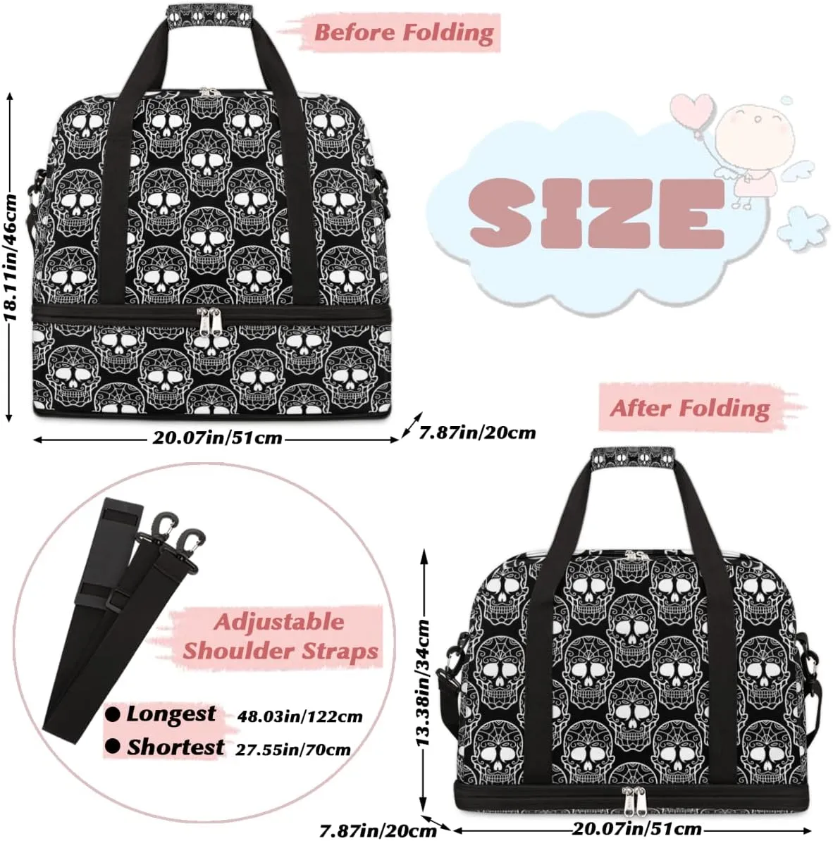 Day of the Dead Sugar Skull 02 Foldable Travel Duffel Bag Tote Carry On Luggage Sports Gym Bag With Shoe Compartment For Woman Man Overnight Weekend Yoga Workout Bag Training Handbag