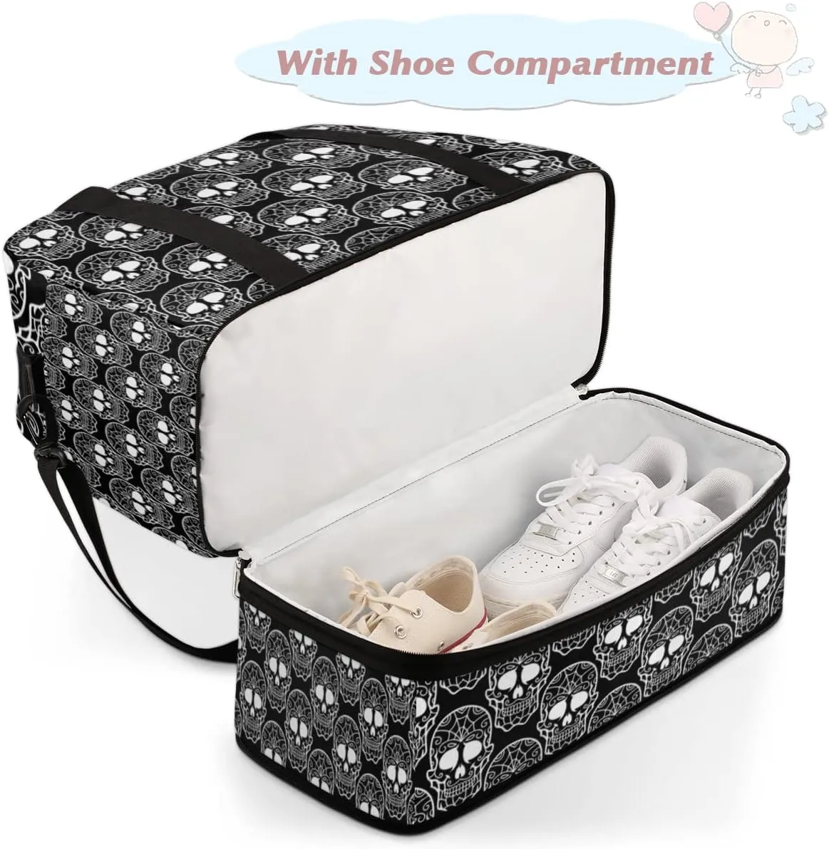 Day of the Dead Sugar Skull 02 Foldable Travel Duffel Bag Tote Carry On Luggage Sports Gym Bag With Shoe Compartment For Woman Man Overnight Weekend Yoga Workout Bag Training Handbag