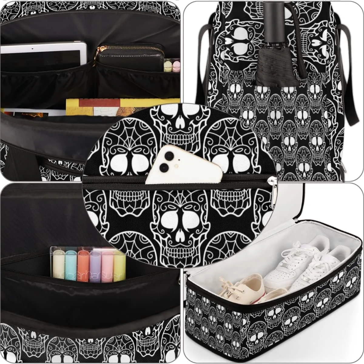 Day of the Dead Sugar Skull 02 Foldable Travel Duffel Bag Tote Carry On Luggage Sports Gym Bag With Shoe Compartment For Woman Man Overnight Weekend Yoga Workout Bag Training Handbag