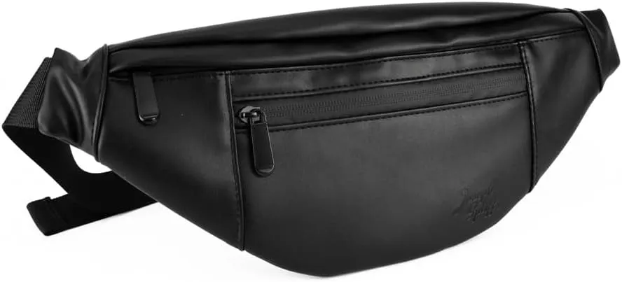 Day Trip Fanny Pack Bag Black PU Leather - 6.2"x14.5" Perfect Cross Body Bag Waist Pack for Festivals, Concerts Travel, Golf, Camping, Beach and Pool Days - Odor resistant & Smell Proof