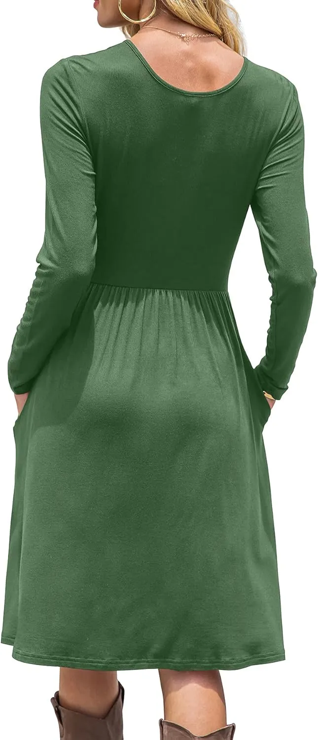 DB MOON Women Casual Long Sleeve Dresses Empire Waist Knee Length Loose Dress with Pockets