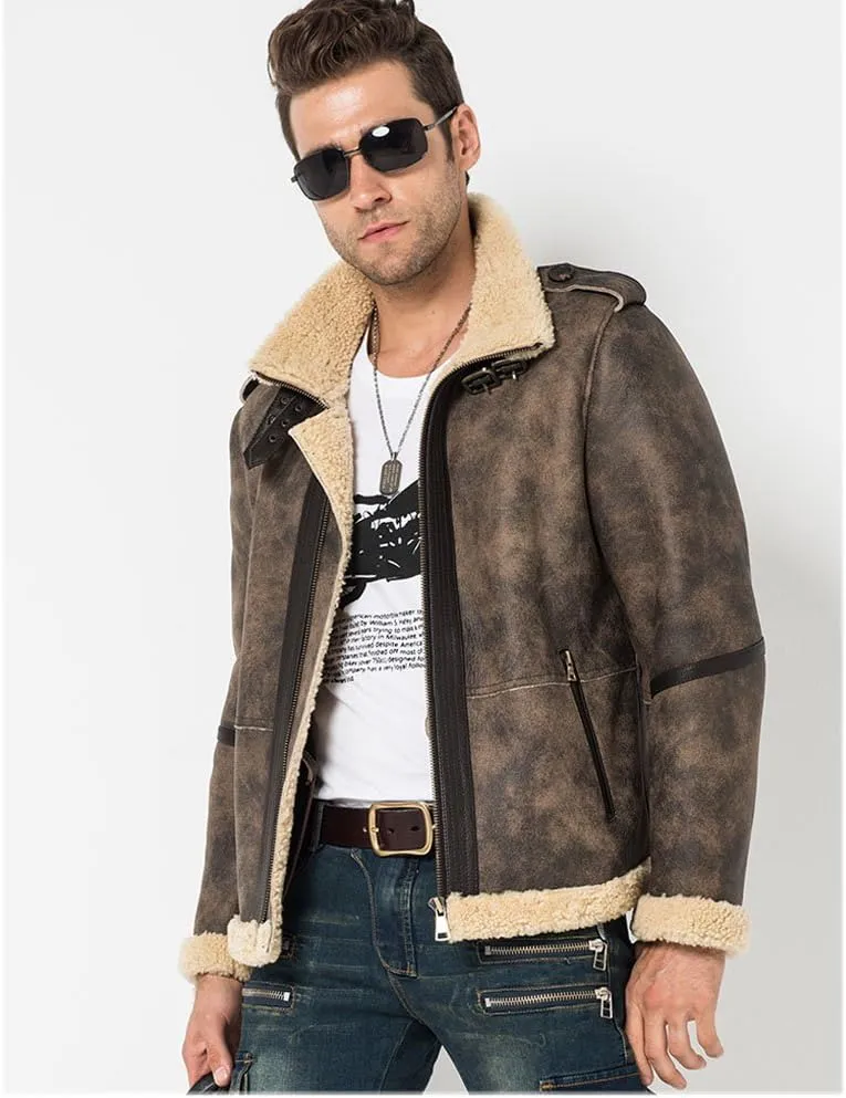 Denny&Dora Leather Jacket Fur Coat Flight Jacket Men Shearling Jacket Aviator Jacket Motorcycle Coat