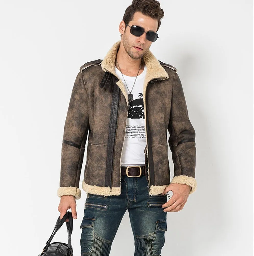 Denny&Dora Leather Jacket Fur Coat Flight Jacket Men Shearling Jacket Aviator Jacket Motorcycle Coat
